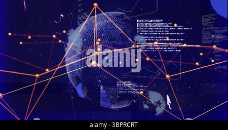 Displaying dotted globe linking orange network nodes in visual data scene, with bar charts and code Stock Photo
