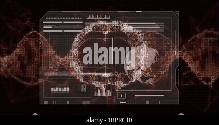 Displaying DNA double helix lying on grid on data dashboard, with pixelated globe and data panels Stock Photo