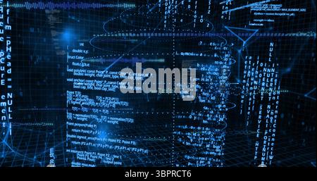 Floating code panels displaying functions and data types in glowing 3D grid, with streaming nodes Stock Photo