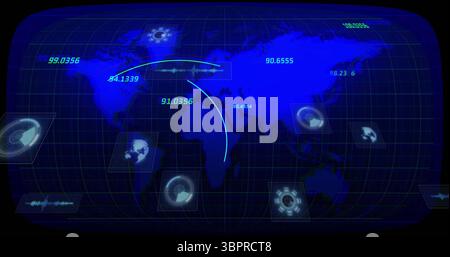 Displaying graphical interface with world map, numeric labels on grid and curved arcs on dashboard Stock Photo