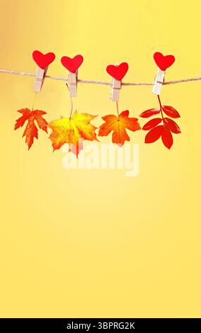 Dry leaves hanging on a clothespin with red heart. Stock Photo