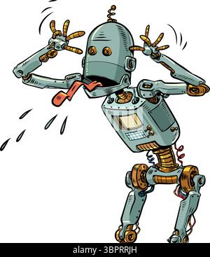 Pop Art Retro Robot sticks out tongue. Conflict with artificial intelligence. AI replacing professional employees. Stock Vector