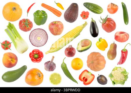 Beautiful pattern fresh fruits and vegetables isolated on white background. Stock Photo