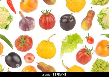 Set bright appetizing fruits and vegetables on white background. Seamless pattern. Stock Photo