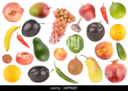 Set bright appetizing fruits and vegetables isolated on white background. Stock Photo