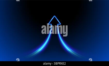 Blue glowing arrow up. Neon lines combining upward, symbol of growth, synergy, success. Futuristic tech concept on dark gradient background. Stock Vector