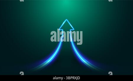 Blue glowing arrow up. Neon lines combining upward, symbol of growth, synergy, success. Futuristic tech concept on dark gradient background. Stock Vector