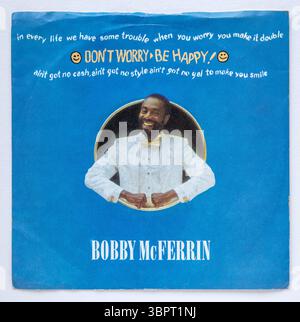 Picture cover of the seven inch single version of Don't Worry Be Happy by Bobby McFerrin, which was released in 1988 Stock Photo