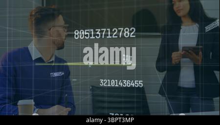 Analyzing data overlay, professionals discussing connections in conference room with tablet and cup Stock Photo