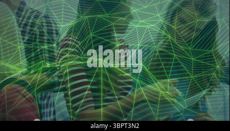 Image of green geometric lines forming abstract pattern over blurred background Stock Photo