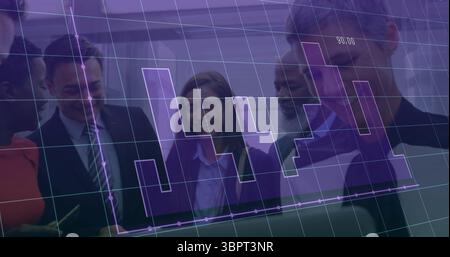 Collaborating in office, business team discussing with financial graph overlay Stock Photo