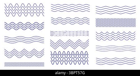 Set of corrugated waves, line flat vector wriggle decoration, vawes line set Stock Vector