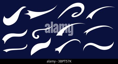 Baseball swoosh tails, isolated black vector curly lines, baseball decoration. Sports swash shapes set in retro style. Swirl strokes flat vector Stock Vector