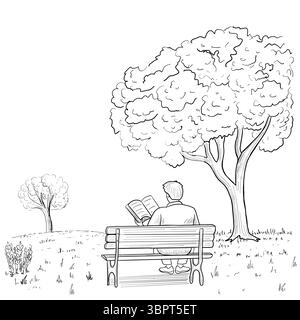 Sketch illustration in the park in summer, autumn spring. Man sitting in the bench, outside, reading the book Stock Vector
