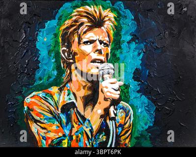 Colourful acrylic painting of singer david bowie performing with passion against a textured dark background holding a microphone Stock Photo