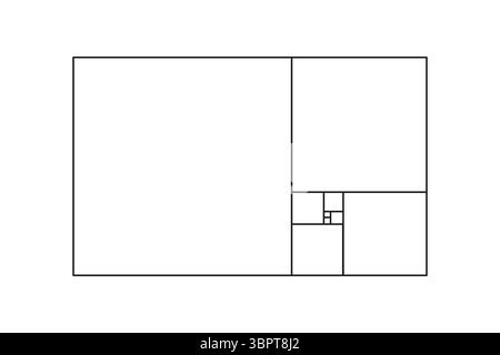Golden ratio template. Divine, golden Proportion. Universal meanings. Method golden section. Fibonacci array, numbers. Rectangle frame fracted squares Stock Vector