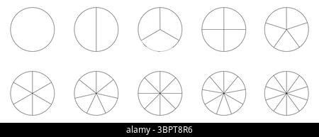 Segment slice icon. Pie chart template. Circle section graph line art. 1,2,3,4,5,6,7,8,9,10 segments infographic. Diagram wheel parts. Geometric Stock Vector