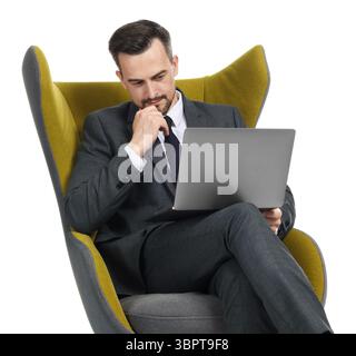 Professional psychologist having online consultation with his client via laptop on white background Stock Photo