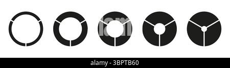 Circle section graphs. Wheels round divided, three sections. Diagrams infographic set. Pie chart icons. Donut charts or pies segmented on 3 equal Stock Vector