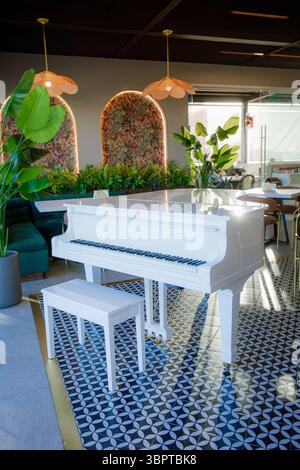 White grand piano on checkered floor in elegant modern room with plants, arches and soft natural lighting. Stock Photo