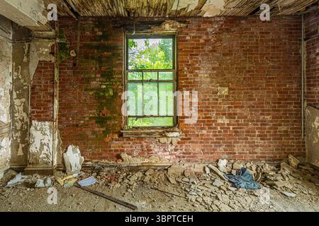 Exposed brick wall in decaying abandoned home, Indiana, USA Stock Photo
