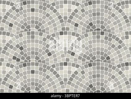Seamless mosaic pattern with round waves in portuguese style, gray geometric decorative scales pavement, stone tiling with water ornament, vector Stock Vector