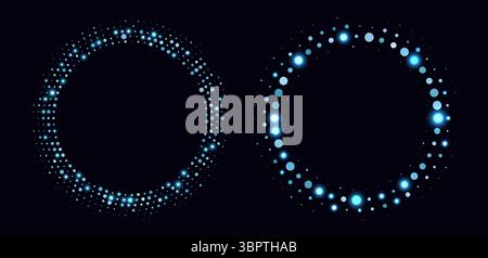 Blue halftone frames, glowing circle borders, round pattern with dots, radial disco luxury design element. Stock Vector