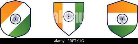 Indian Flag Shield Icons - Patriotic Emblem Set, Tricolor India Badge Vector Collection, National Pride Flag Shields for Design Stock Vector