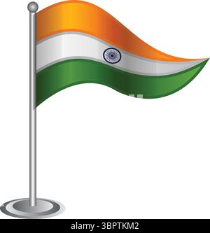 Waving Indian Flag Icon - Desktop Table Flag, Patriotic India Symbol - Tricolor Waving Banner, Independence Day Flag Clip Art on Pole Stock Vector