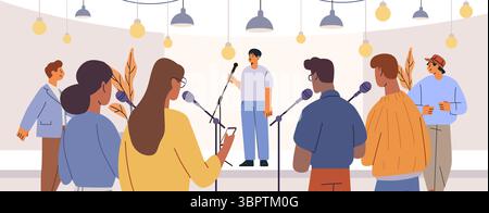 Students talent show stage performance group audience microphones modern interior lights flat design Stock Vector
