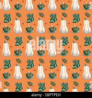 Seamless autumn pattern with green cups, striped socks, pumpkins and branches. Cartoon vector orange background Stock Vector