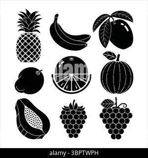 Pineapple bananas mango orange guava papaya berries grapes vector Stock Vector