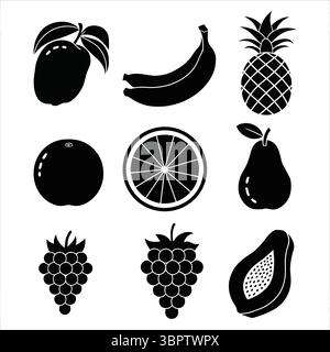 Black fruit icons mango banana pineapple orange pear grapes papaya vector Stock Vector