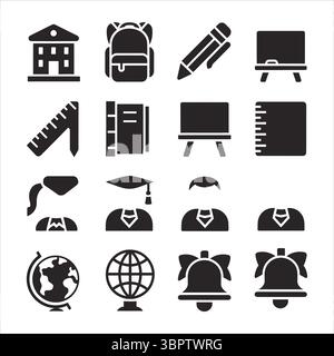 School building backpack pencil blackboard ruler book easel globe graduation cap bell vector Stock Vector