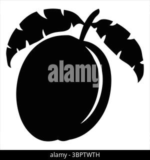 Black silhouette of a plum with leaves fruit white Stock Vector