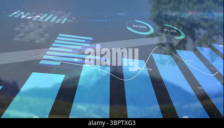 Displaying dashboard hovering over mountains, featuring bar charts, line graph, percentage gauges Stock Photo