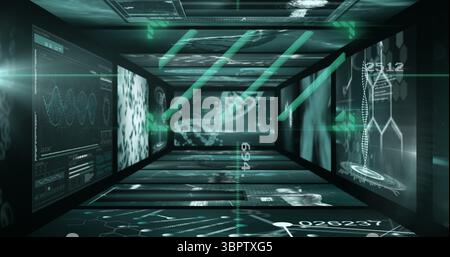 Data corridor forming in virtual lab, with lit panels, holographic DNA helix and waveforms Stock Photo