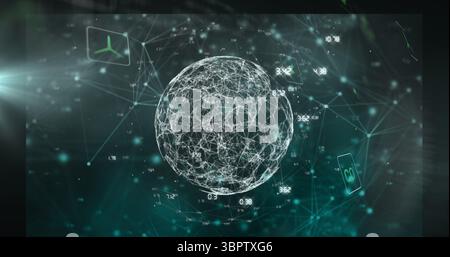 Floating 3D wireframe sphere glowing in digital space, with UI panels, airplane icon and CO? data Stock Photo