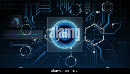 Displaying central holographic interface and molecular hexagons glowing in futuristic workspace Stock Photo