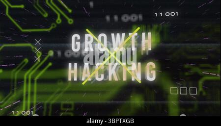 Displaying bold Growth Hacking text glowing on neon circuit interface, with yellow X overlay Stock Photo