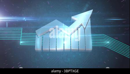 Displaying 3D chart rising under arrow in interface, with neon lines, circuit board, purple streaks Stock Photo
