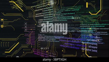 Displaying interface graphic on screen blending JavaScript HTML code and yellow circuit traces Stock Photo