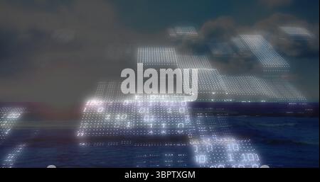 Displaying translucent digital grid panels hovering over open ocean, with glowing binary digits Stock Photo