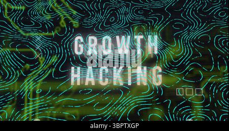 Displaying white GROWTH HACKING text in digital interface backdrop, with neon contours and UI icons Stock Photo