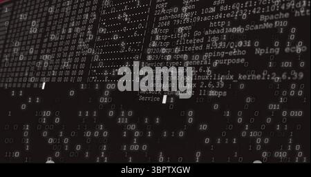 Displaying overlay of binary code and network scan text on terminal display, with port listings Stock Photo