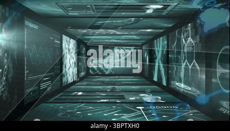 Displaying futuristic data corridor in virtual lab, glowing with holographic DNA models and graphs Stock Photo
