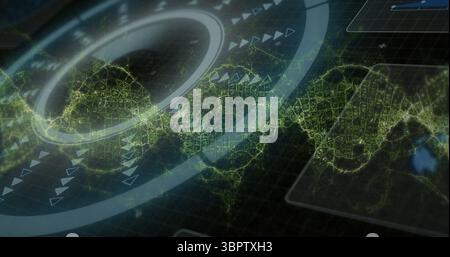 Displaying futuristic HUD element rotating on data screen, with network map and triangular pointers Stock Photo