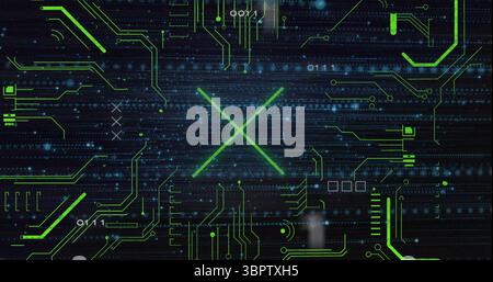 Streaming binary digits and neon-green traces moving across cyber interface, forming glowing X Stock Photo