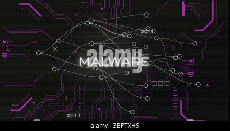Displaying MALWARE label highlighting purple circuit traces in digital grid, with binary digits Stock Photo