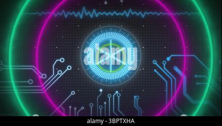 Displaying central HUD showing magenta-lime neon rings with cyan waveform on digital interface Stock Photo